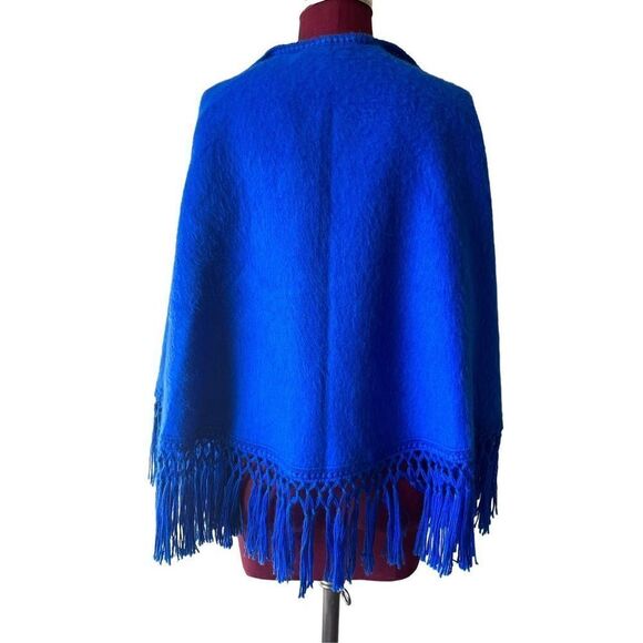 Alpaca Connection Poncho Fringes Blue button Front Alpaca Blend - Picture 2 of 7